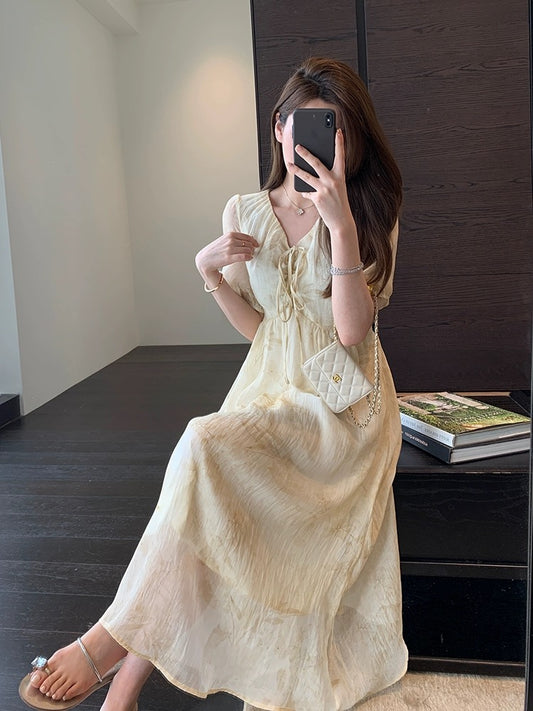 AMR UU◆High-end elegant light national style ink print long skirt waist slimming women's dress spring and summer new style