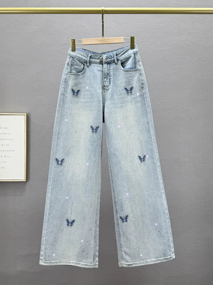 High waist denim wide leg pants for women thin 2025 spring and summer new loose slim ins European goods hot diamond plus length pants