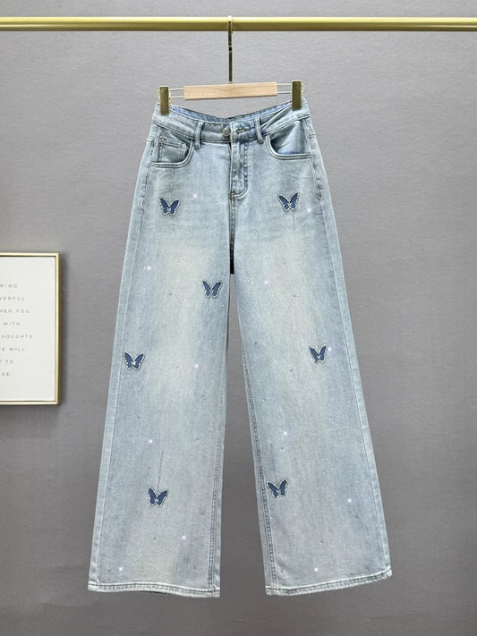 High waist denim wide leg pants for women thin 2025 spring and summer new loose slim ins European goods hot diamond plus length pants