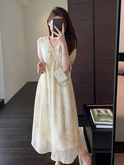 AMR UU◆High-end elegant light national style ink print long skirt waist slimming women's dress spring and summer new style