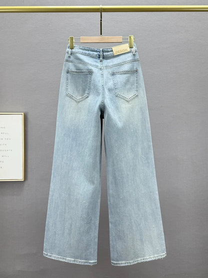 High waist denim wide leg pants for women thin 2025 spring and summer new loose slim ins European goods hot diamond plus length pants