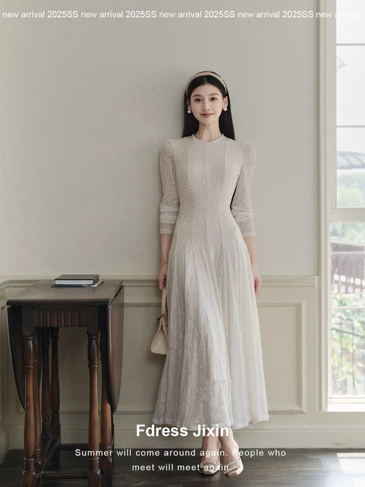 Send a letter to "Wooden Scent" Lyocell Cotton Jacquard Slim Fit Waist-cinching Dress, Autumn/Winter Base Layer Elegant Long Dress