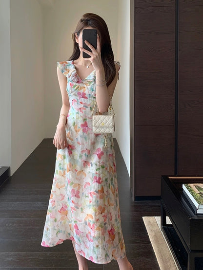 AMR UU◆Beautiful Atmosphere Printed Skirt Slimming the Waist and Slimming Lotus Leaf Collar Long Skirt Women's Summer New Style