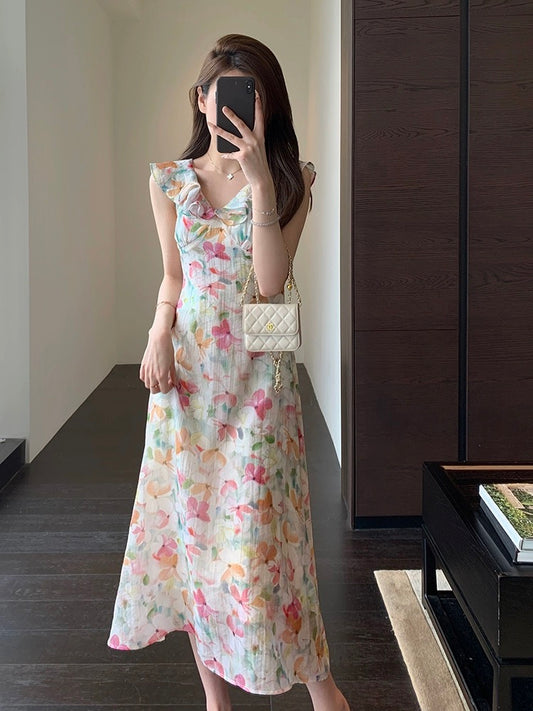 AMR UU◆Beautiful Atmosphere Printed Skirt Slimming the Waist and Slimming Lotus Leaf Collar Long Skirt Women's Summer New Style