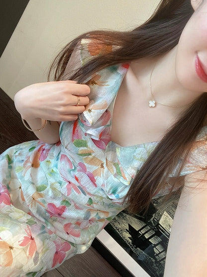 AMR UU◆Beautiful Atmosphere Printed Skirt Slimming the Waist and Slimming Lotus Leaf Collar Long Skirt Women's Summer New Style