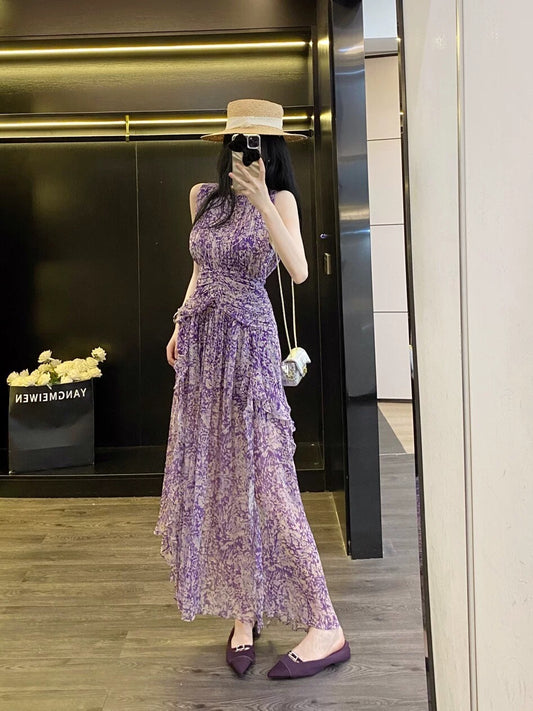 Leathercat's super cute 2024 new summer French style slimming floral sleeveless long dress