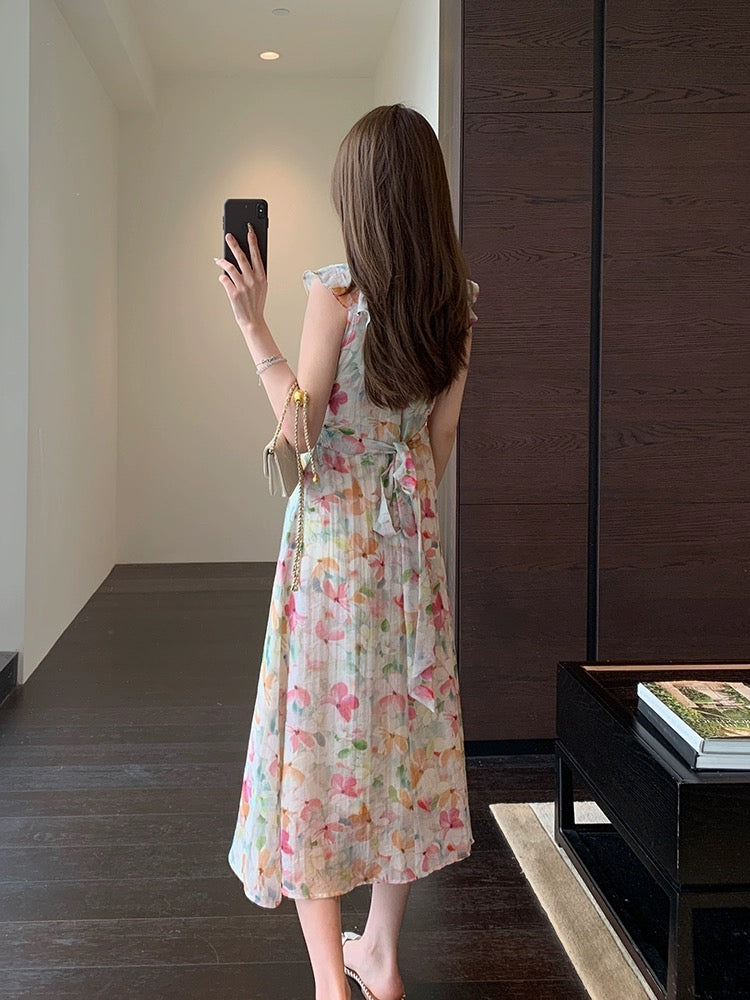 AMR UU◆Beautiful Atmosphere Printed Skirt Slimming the Waist and Slimming Lotus Leaf Collar Long Skirt Women's Summer New Style