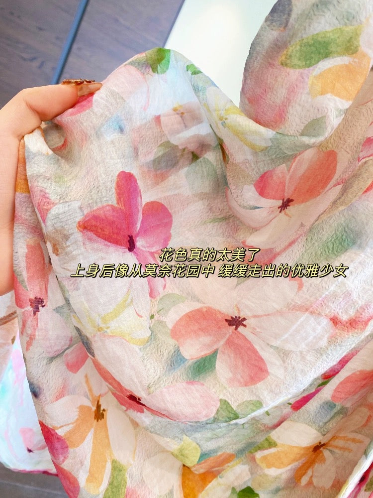 AMR UU◆Beautiful Atmosphere Printed Skirt Slimming the Waist and Slimming Lotus Leaf Collar Long Skirt Women's Summer New Style