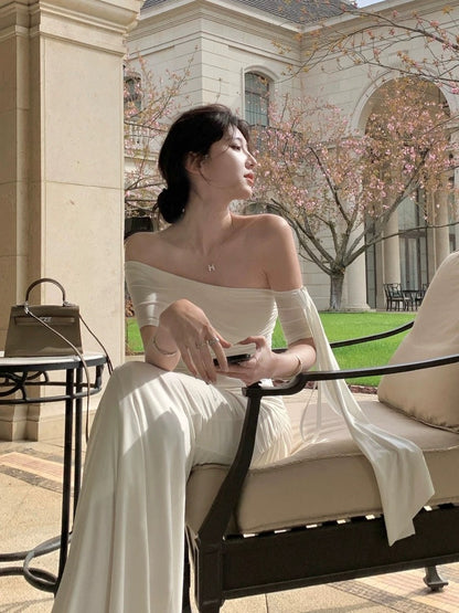 Nu Arno White Off-Shoulder Flowy Knit Dress, Elegant Summer Fitted Waist Bodycon Long Dress