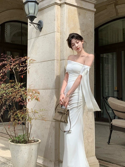 Nu Arno White Off-Shoulder Flowy Knit Dress, Elegant Summer Fitted Waist Bodycon Long Dress