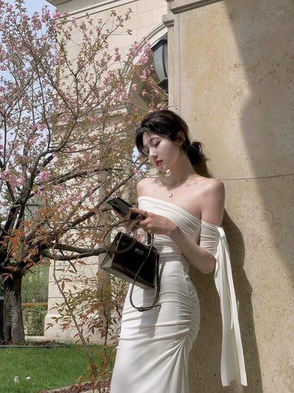 Nu Arno White Off-Shoulder Flowy Knit Dress, Elegant Summer Fitted Waist Bodycon Long Dress
