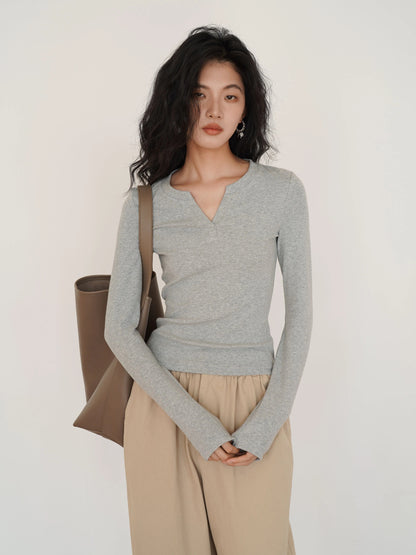 EM August floral gray v-neck knitted bottoming top for women 2024 spring new solid color inner long-sleeved T-shirt