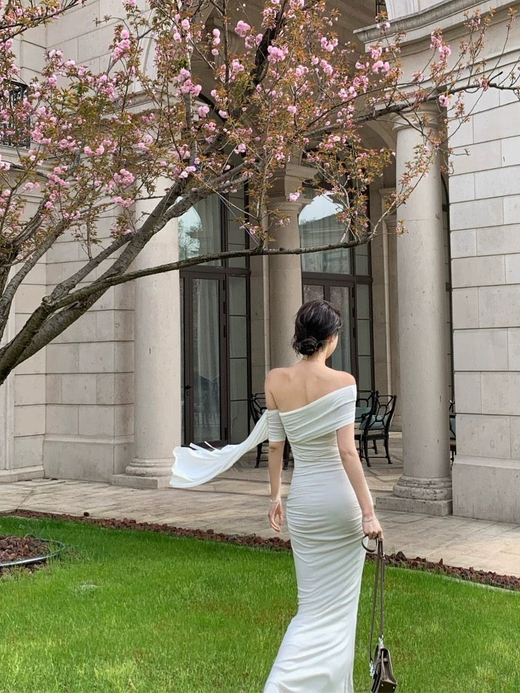 Nu Arno White Off-Shoulder Flowy Knit Dress, Elegant Summer Fitted Waist Bodycon Long Dress