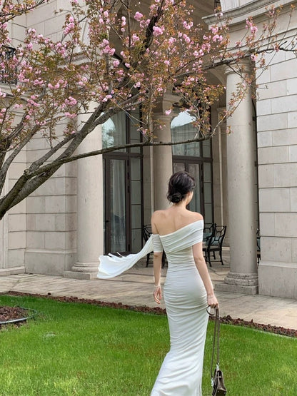 Nu Arno White Off-Shoulder Flowy Knit Dress, Elegant Summer Fitted Wai   Lee Nhi Boutique