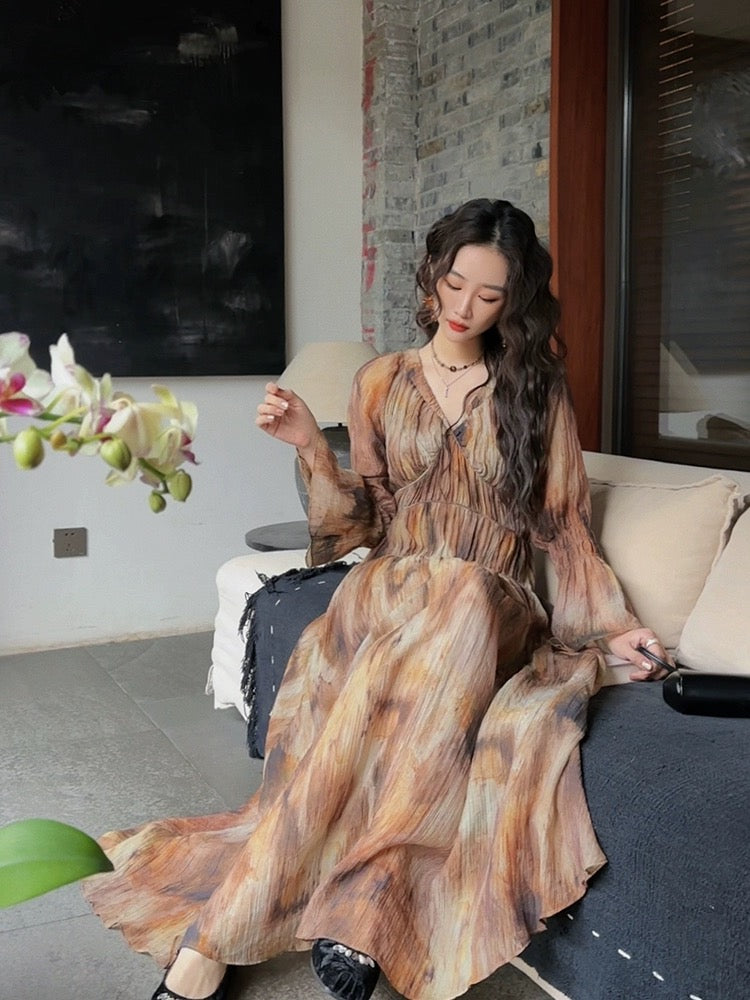 Sanji Black Flower New Chinese Dress Spring Women's 2024 New Smudged Long Skirt V-neck Trumpet Long Sleeve Trendy