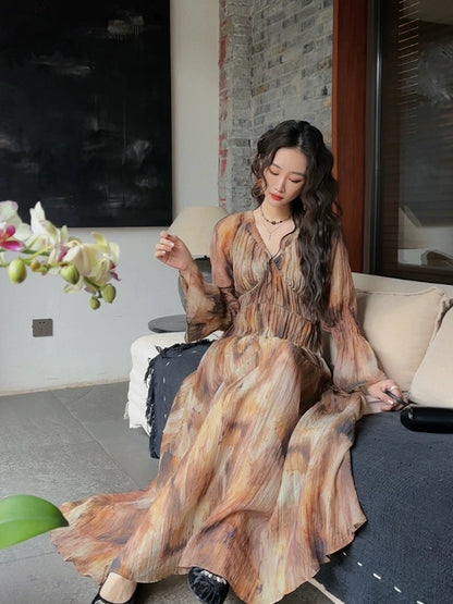 Sanji Black Flower New Chinese Dress Spring Women's 2024 New Smudged Long Skirt V-neck Trumpet Long Sleeve Trendy