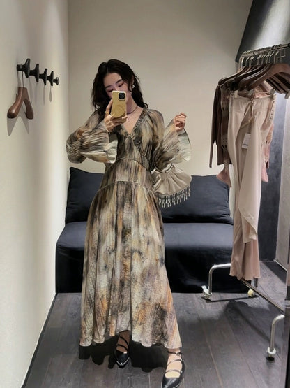 Sanji Black Flower New Chinese Dress Spring Women's 2024 New Smudged Long Skirt V-neck Trumpet Long Sleeve Trendy