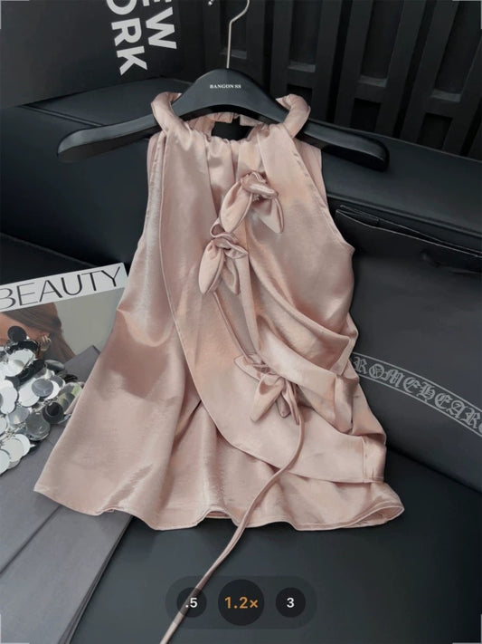 Pink Satin Halter Neck Camisole Women's Three-Dimensional Flower Design 2025 Summer Irregular Sleeveless Top