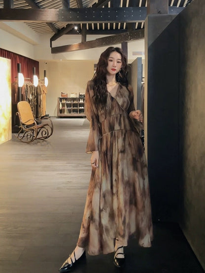 Sanji Black Flower New Chinese Dress Spring Women's 2024 New Smudged Long Skirt V-neck Trumpet Long Sleeve Trendy