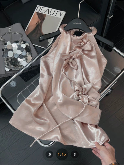 Pink Satin Halter Neck Camisole Women's Three-Dimensional Flower Design 2025 Summer Irregular Sleeveless Top
