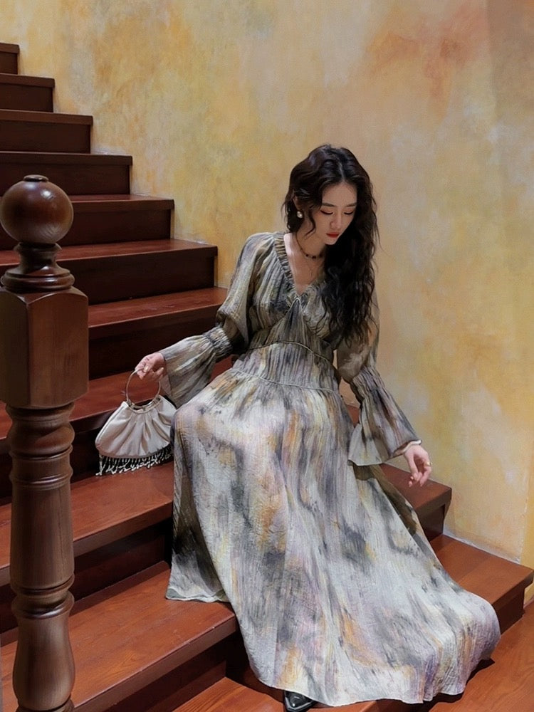 Sanji Black Flower New Chinese Dress Spring Women's 2024 New Smudged Long Skirt V-neck Trumpet Long Sleeve Trendy
