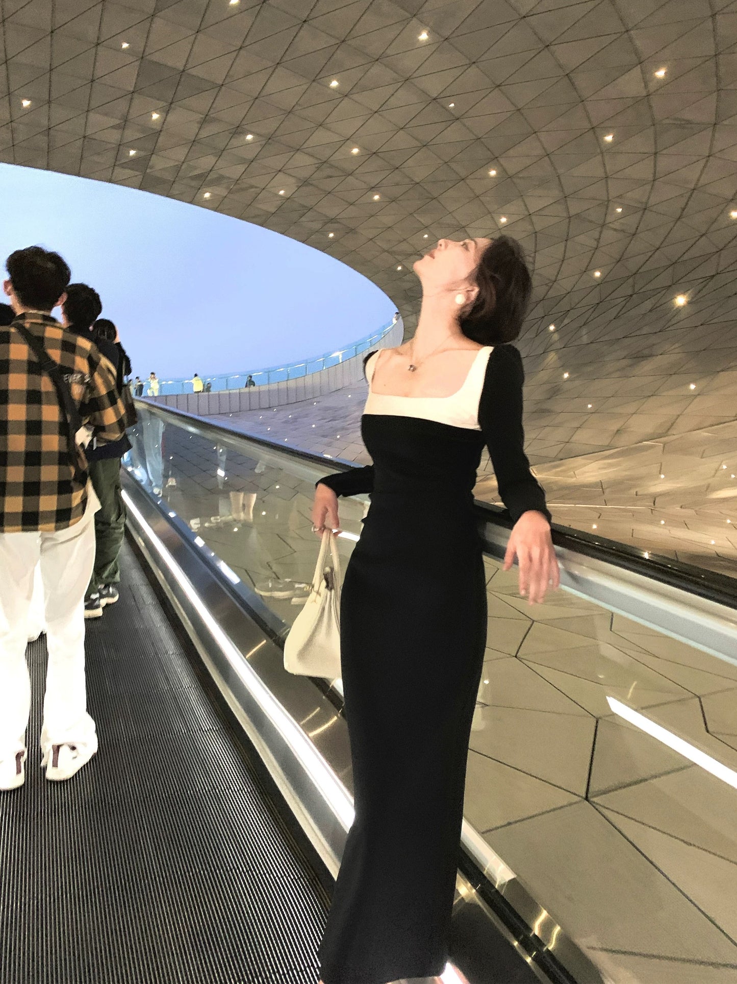 Nu Arno Black and White Square Neck Color Block Dress Women's Long Sleeve Elegant Slim Fit High-End Autumn and Winter Dress
