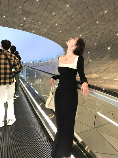 Nu Arno Black and White Square Neck Color Block Dress Women's Long Sleeve Elegant Slim Fit High-End Autumn and Winter Dress