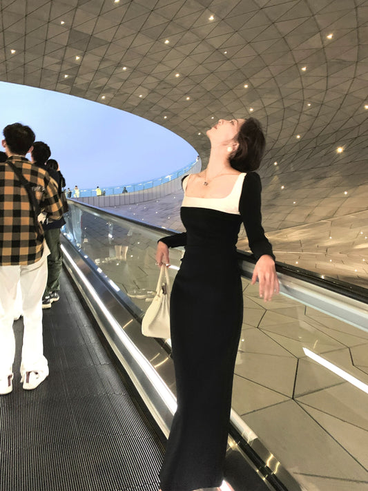Nu Arno Black and White Square Neck Color Block Dress Women's Long Sleeve Elegant Slim Fit High-End Autumn and Winter Dress