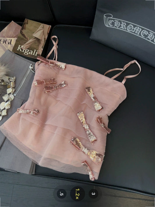 Pink mesh bow camisole for women sequined stitching design 2025 summer sweet ballet style top