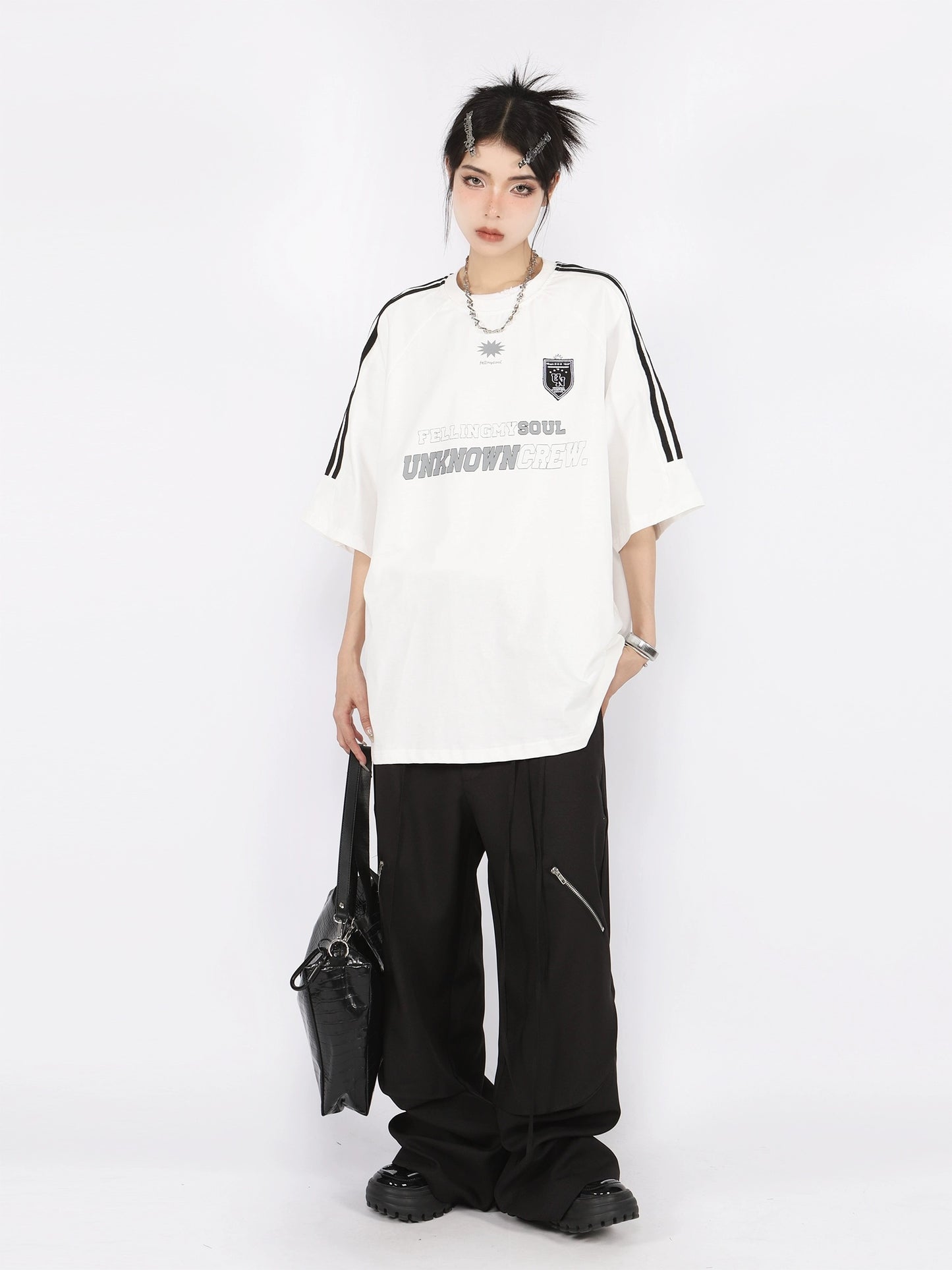 BIGGOLD American retro three-stripe raglan sleeves oversize short-sleeved T-shirt women's summer couple half-sleeved tops