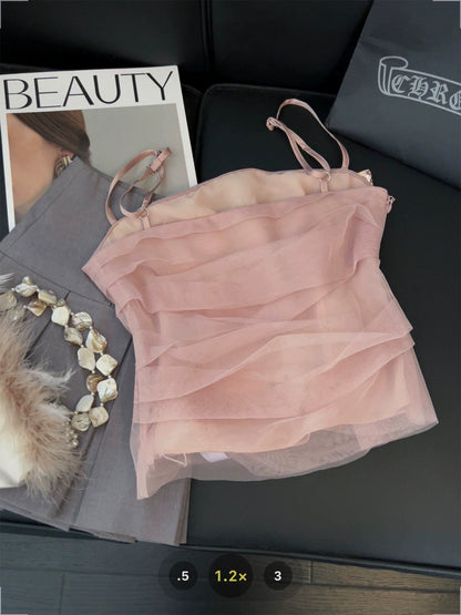 Pink mesh bow camisole for women sequined stitching design 2025 summer sweet ballet style top