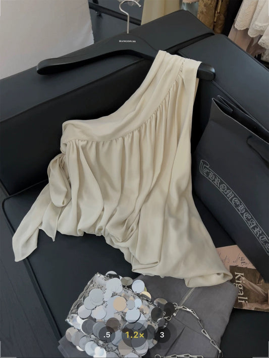 Irregular oblique shoulder tops for women French ribbon design 2025 summer new sweet and spicy style one-shoulder camisole vest