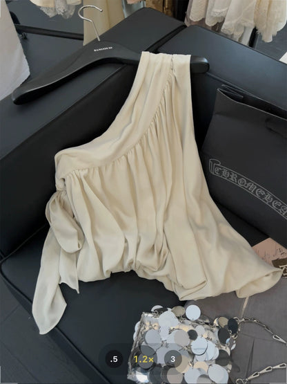 Irregular oblique shoulder tops for women French ribbon design 2025 summer new sweet and spicy style one-shoulder camisole vest