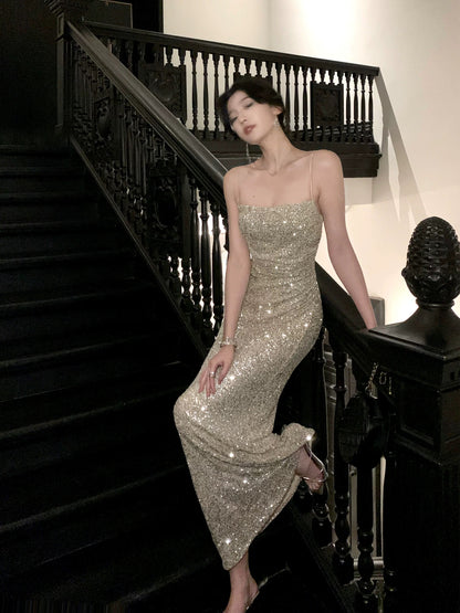 Nu Arno Sparkling Spaghetti Strap Dress, Women's Luxury High-End Sexy Slim Waist Bodycon Fishtail Dress, New Winter Style