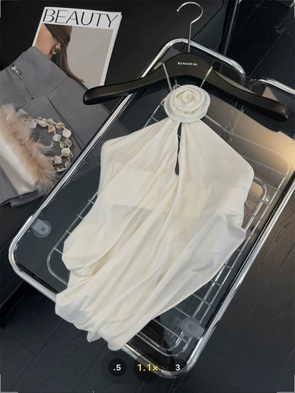 Three-dimensional flower chain halter neck camisole for women with asymmetrical pleated design, pure and sexy hot girl style, backless tube top