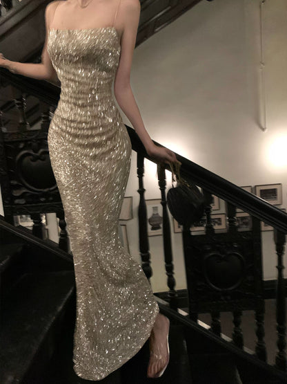 Nu Arno Sparkling Spaghetti Strap Dress, Women's Luxury High-End Sexy Slim Waist Bodycon Fishtail Dress, New Winter Style