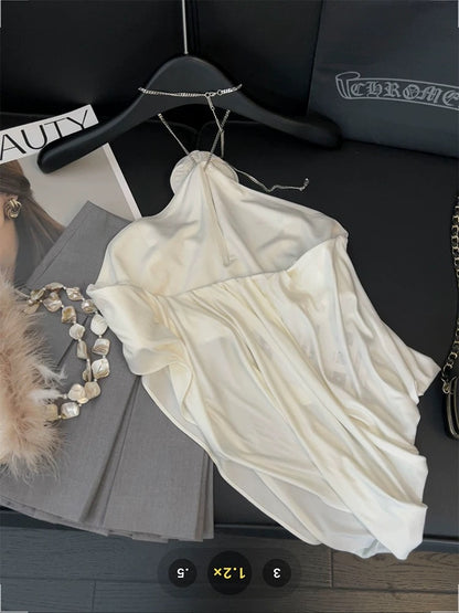 Three-dimensional flower chain halter neck camisole for women with asymmetrical pleated design, pure and sexy hot girl style, backless tube top