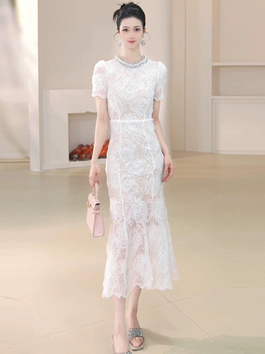 Celebrity daughter style heavy diamond round neck lace skirt temperament white embroidery fairy dress female new summer