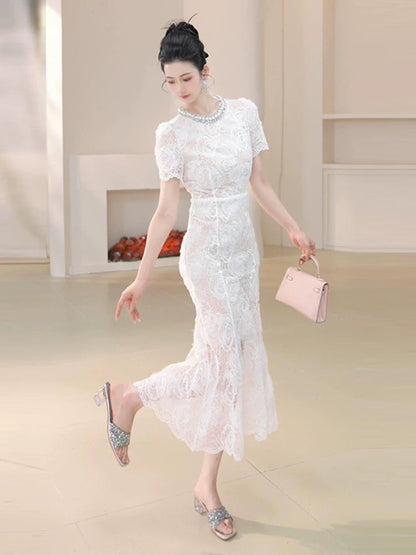Celebrity daughter style heavy diamond round neck lace skirt temperament white embroidery fairy dress female new summer