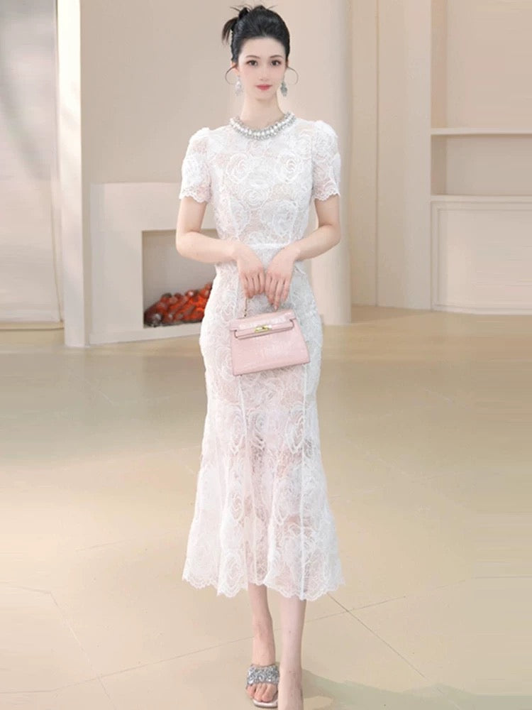 Celebrity daughter style heavy diamond round neck lace skirt temperament white embroidery fairy dress female new summer