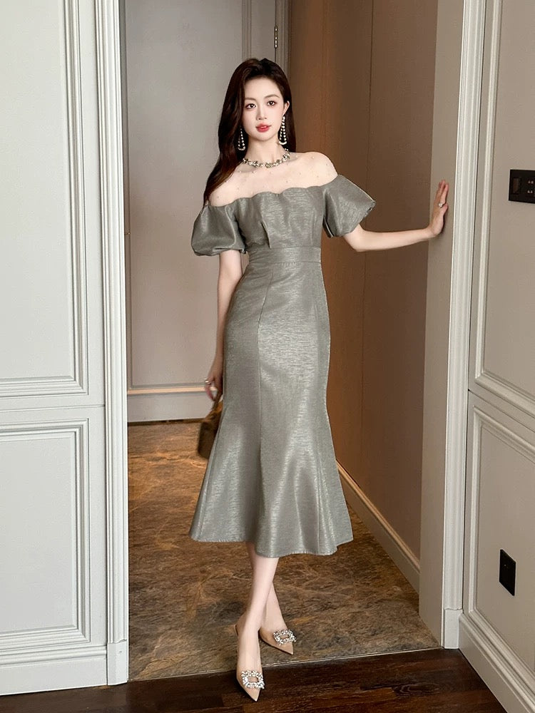 French retro high-end light luxury fishtail long skirt goddess style sexy one-shoulder dress summer 2025 new