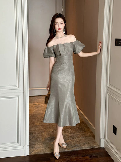 French retro high-end light luxury fishtail long skirt goddess style sexy one-shoulder dress summer 2025 new