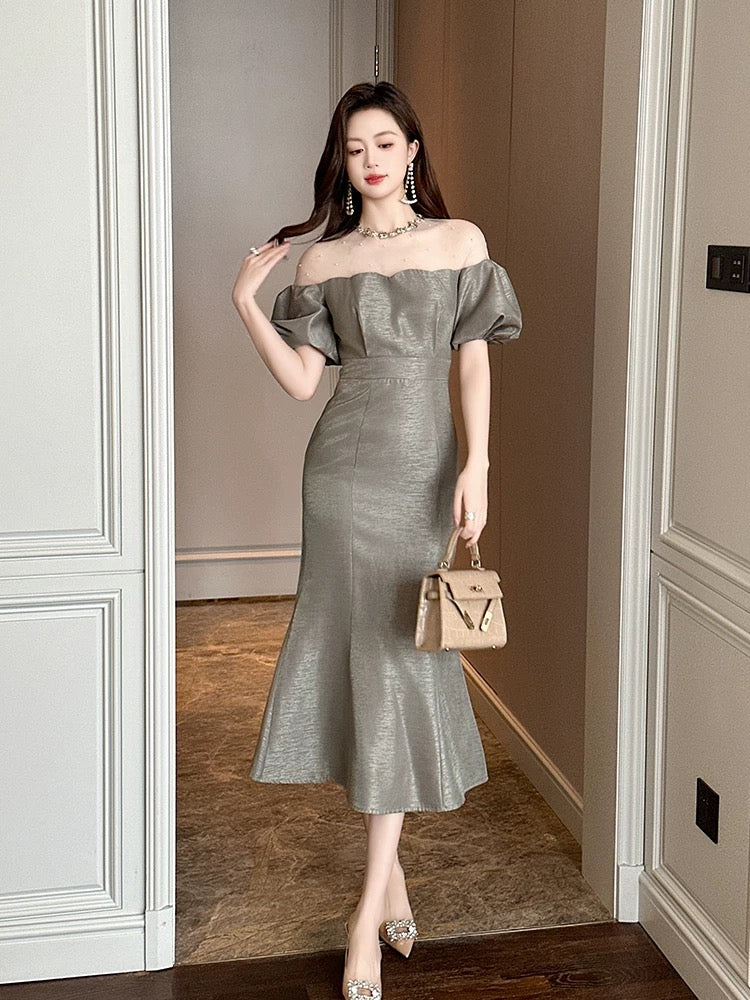 French retro high-end light luxury fishtail long skirt goddess style sexy one-shoulder dress summer 2025 new