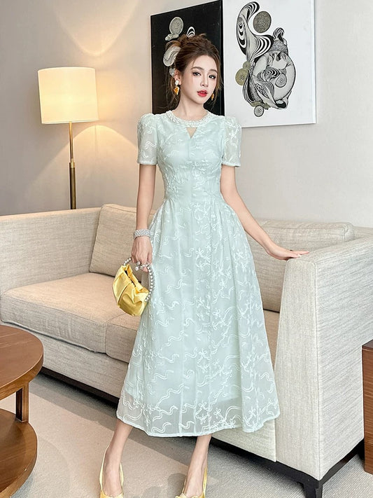 2025 Summer Outfit Round Neck Short Sleeve Blue Embroidered Dress Celebrity Temperament Vacation Beautiful Long Skirt