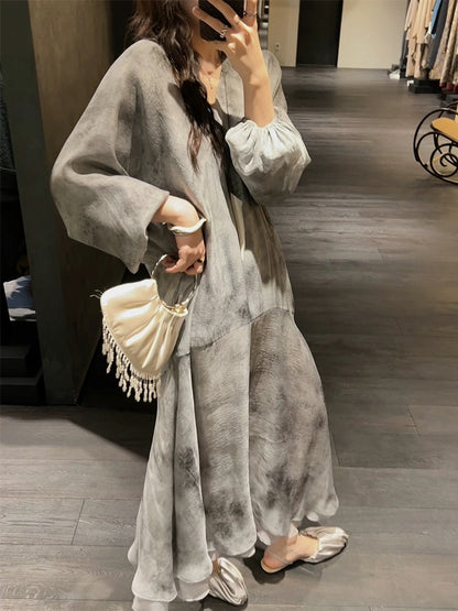 Sanji Black Flower New Chinese Dress Women's 2024 New Spring Long Sleeve V-neck Temperament Niche Lotus Leaf Long Dress