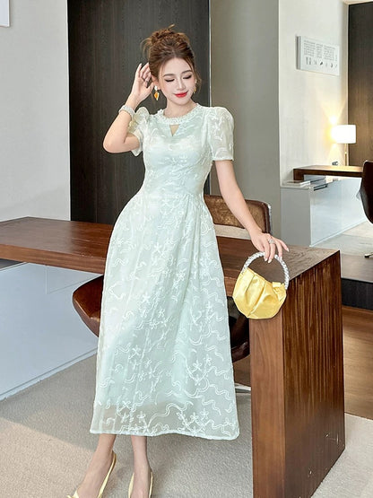 2025 Summer Outfit Round Neck Short Sleeve Blue Embroidered Dress Celebrity Temperament Vacation Beautiful Long Skirt