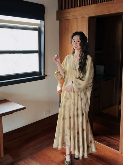 Sanji Black Flower New Chinese Dress Women's 2024 New Spring Long Sleeve V-neck Temperament Niche Lotus Leaf Long Dress