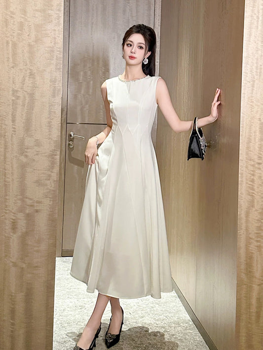 9779 French high-end temperament dress skirt women's summer new style sleeveless waist white dress long skirt