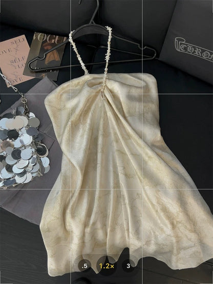 Satin texture tube top for women, beaded halter neck, irregular design, new summer retro national style vest