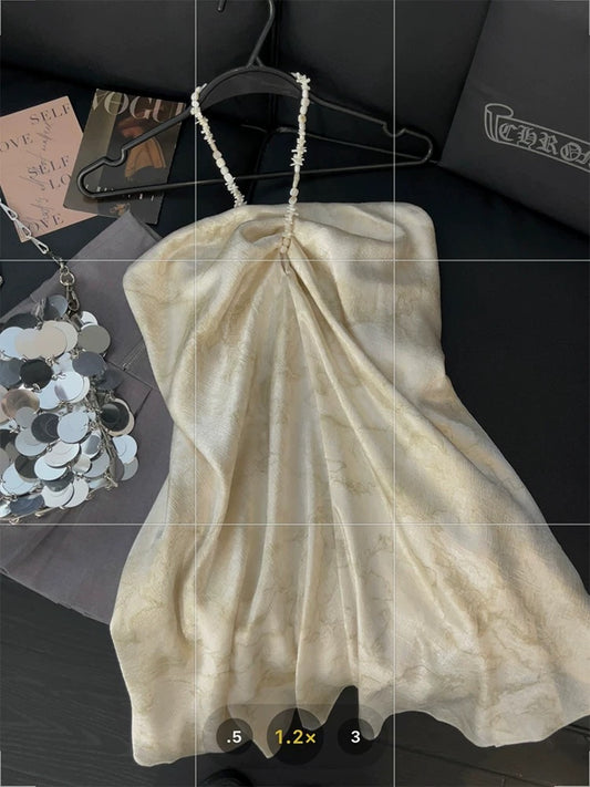 Satin texture tube top for women, beaded halter neck, irregular design, new summer retro national style vest